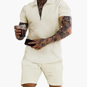 Men's Polo Shirt and Shorts Set - Beige 2 Piece Tracksuit